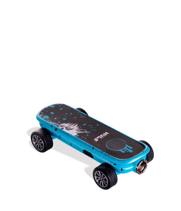 Blue Black Spatter Wulf Mods Deck Skateboard Voltage Battery Down View on White Background