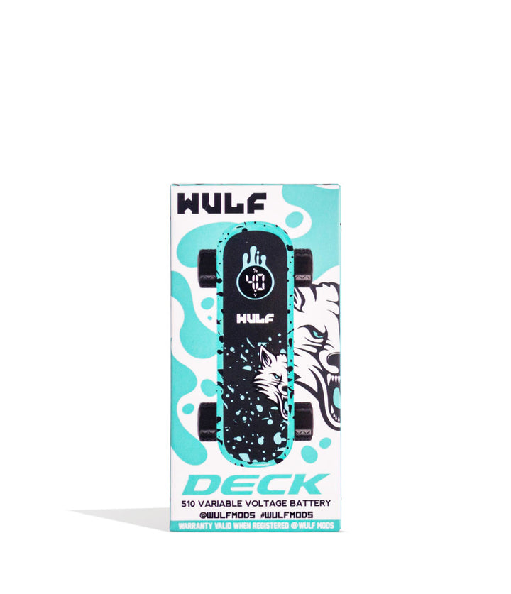 Teal Black Spatter Wulf Mods Deck Skateboard Voltage Battery Packaging Front View on White Background