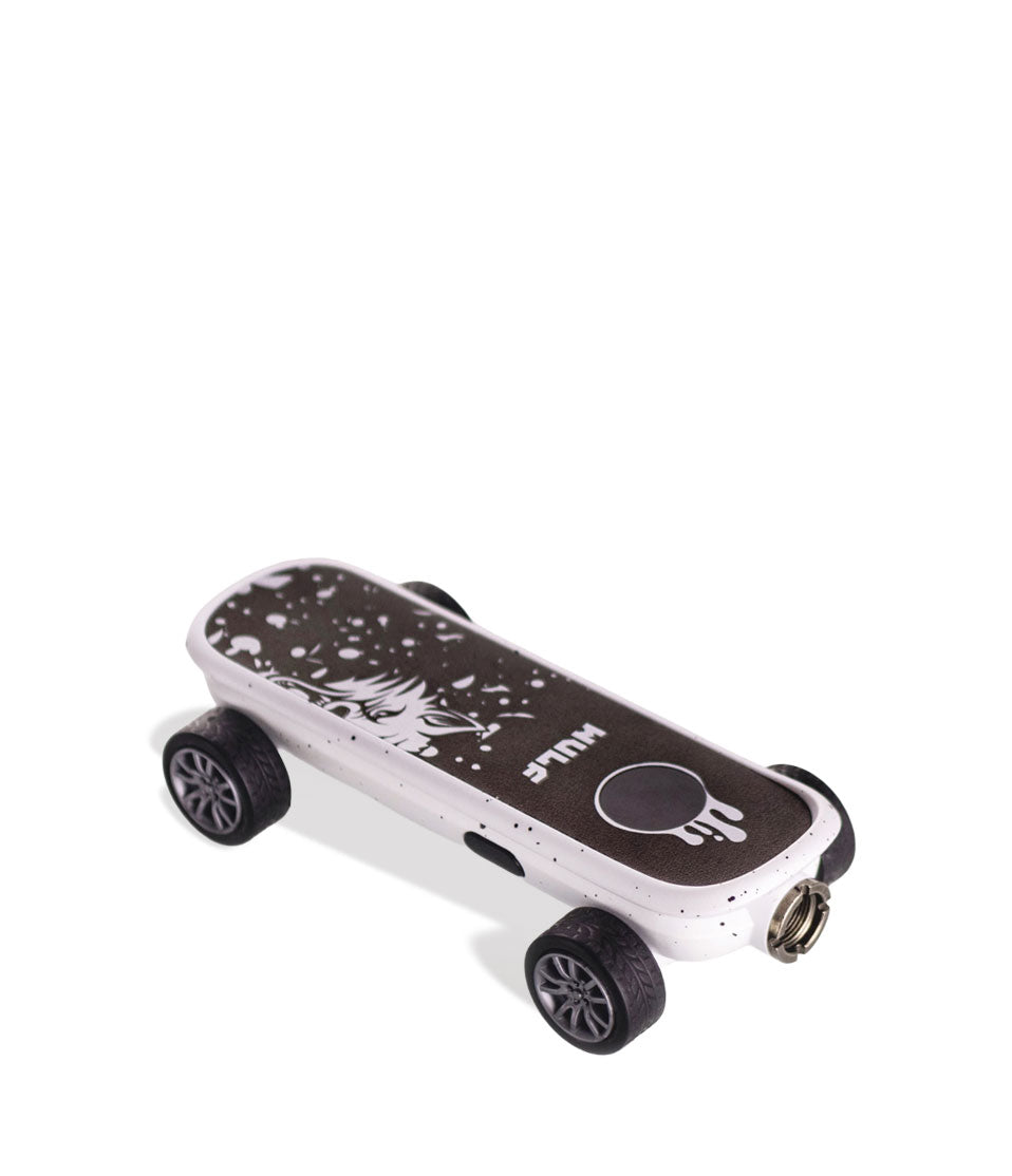 White Black Spatter Wulf Mods Deck Skateboard Voltage Battery Down View on White Background