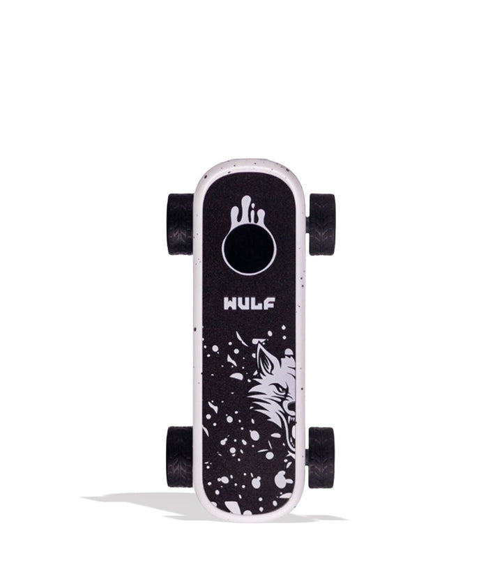 White Black Spatter Wulf Mods Deck Skateboard Voltage Battery Front View on White Background