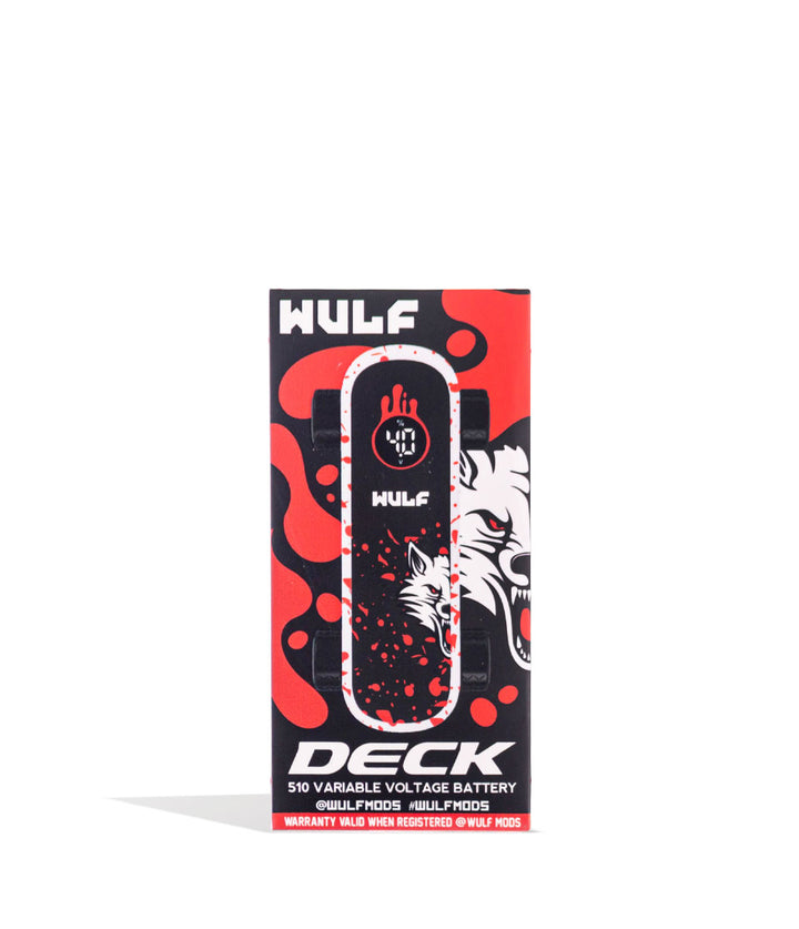 White Red Spatter Wulf Mods Deck Skateboard Voltage Battery Packaging Front View on White Background