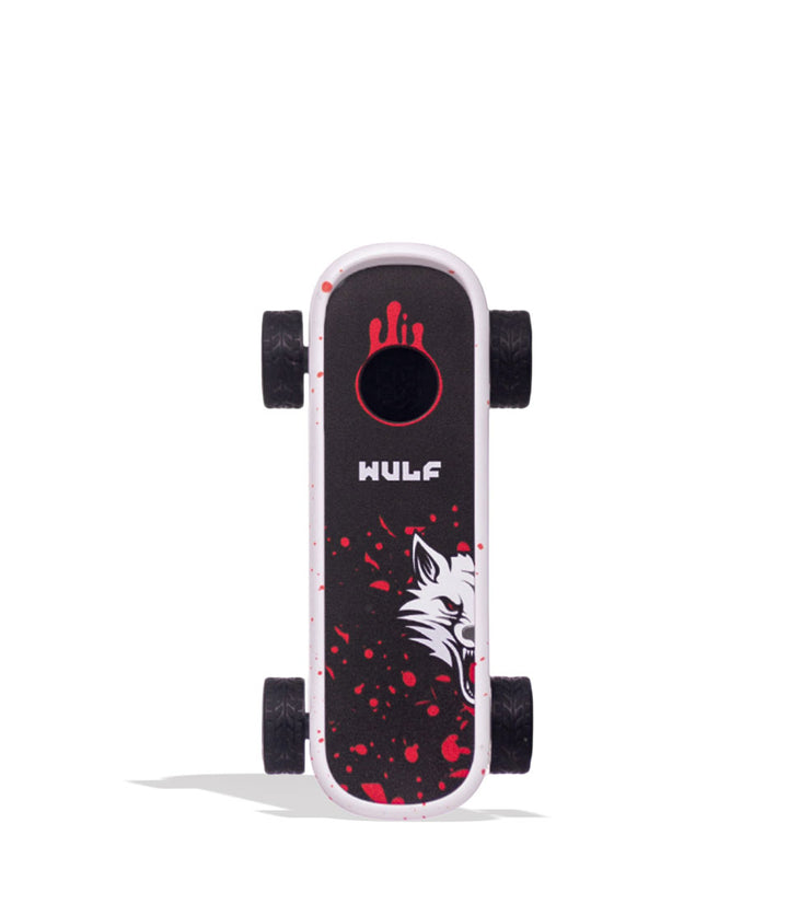 White Red Spatter Wulf Mods Deck Skateboard Voltage Battery Front View on White Background
